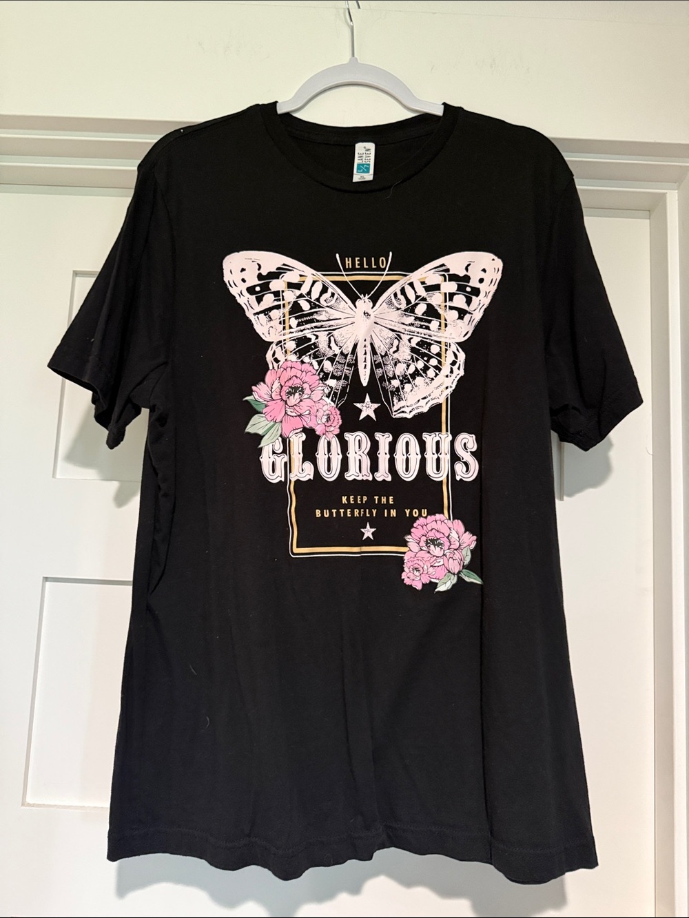 Black Graphic Tee with Pink Floral Butterfly Print